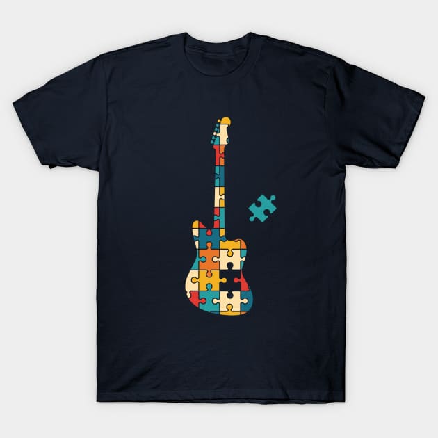 Retro Style Puzzle Offset Style Electric Guitar Silhouette T-Shirt by nightsworthy